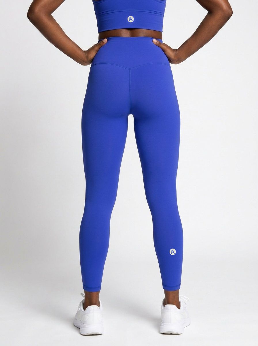 Blue squat proof activewear leggings back view with high waist fit