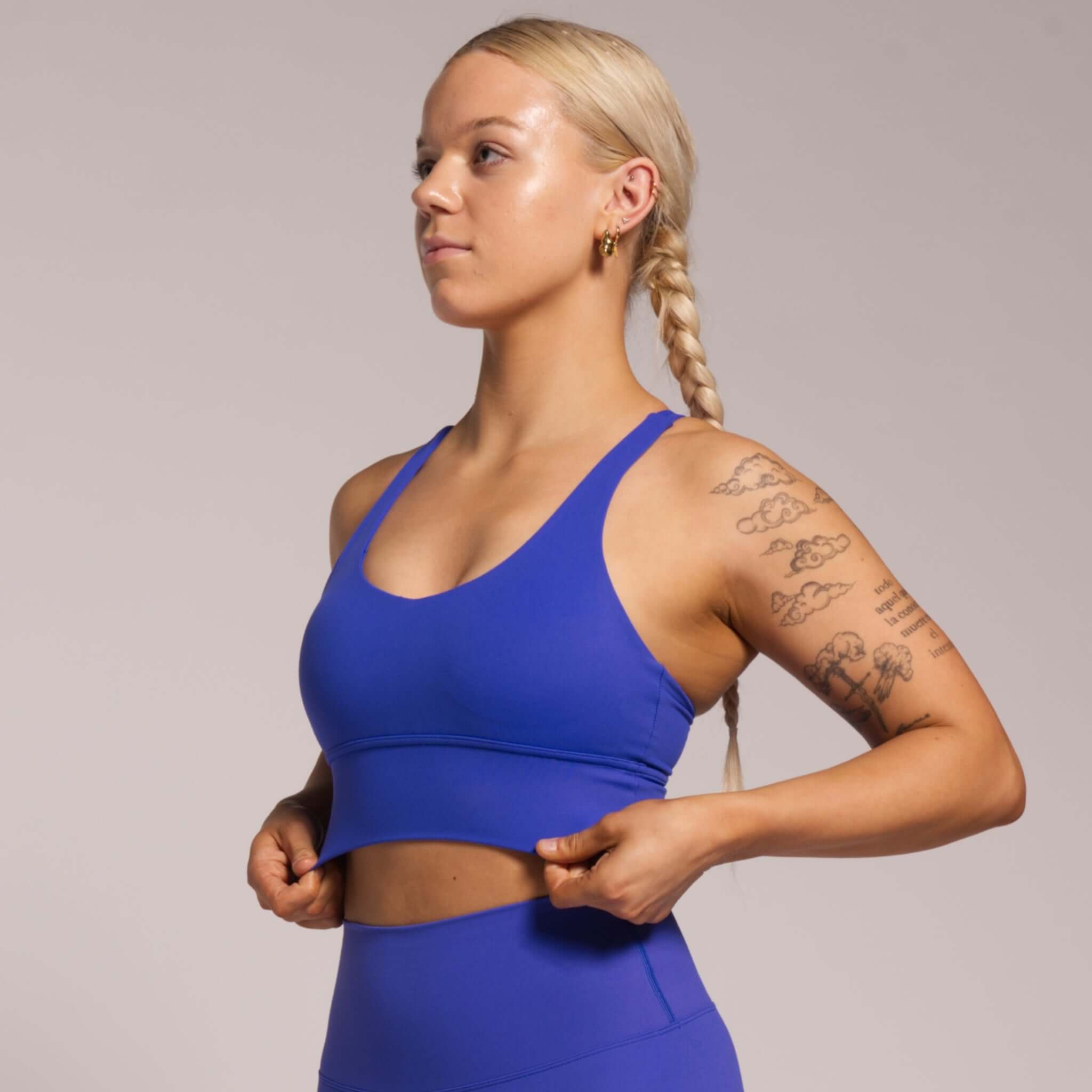 	Side view of True Blue sports bra for women’s fitness
