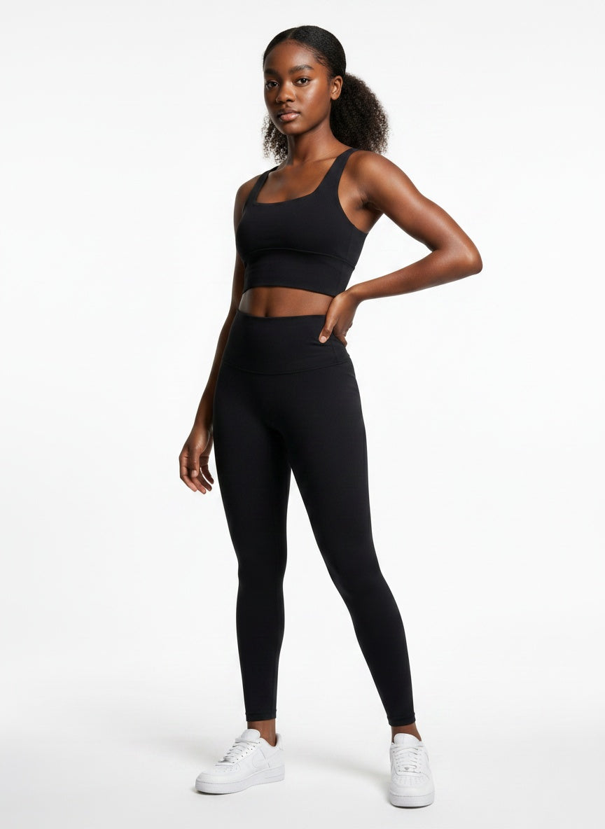Black sculpting leggings side view for running and Pilates workouts
