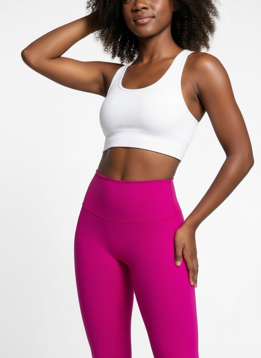 Soft stretch Pink workout leggings fabric detail with seamless design
